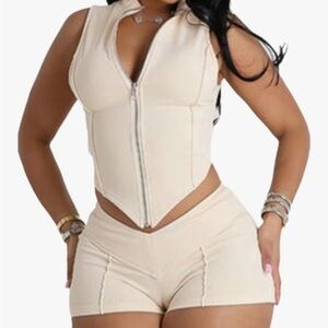 Cream Zip-Up Sleeveless Top and Shorts Set